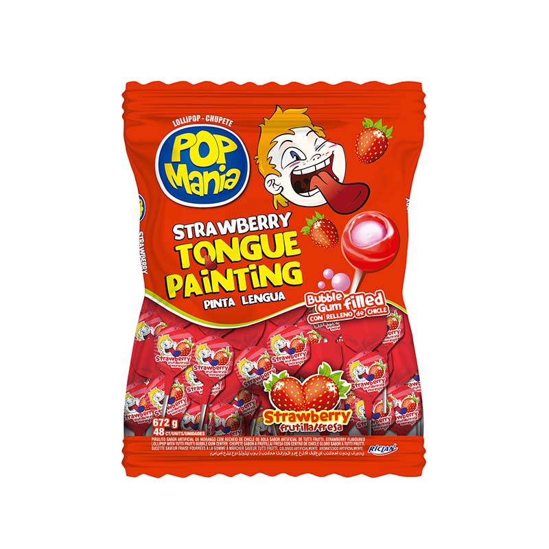 POP MANIA PINTA LENGUA FRESA FRUTILLA 16 BOLSAS X 48 UD 14 G - Imagen 1
